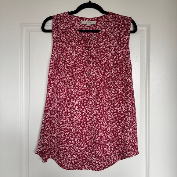 LOFT Floral Mixed Media Henley Shell, Raspberry Pop Red, Size Large - EUC - Picture 4 of 9